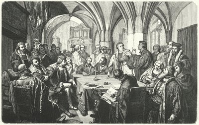 Debate religioso entre Martín Lutero y Huldrych Zwingli en el Coloquio de Marburgo, 1529 de German School
